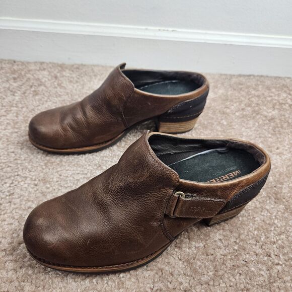 Merrell Oak Brown Leather Womens 7 Mule Clog Shoes Comfort Slip On Block Heel - Picture 10 of 15